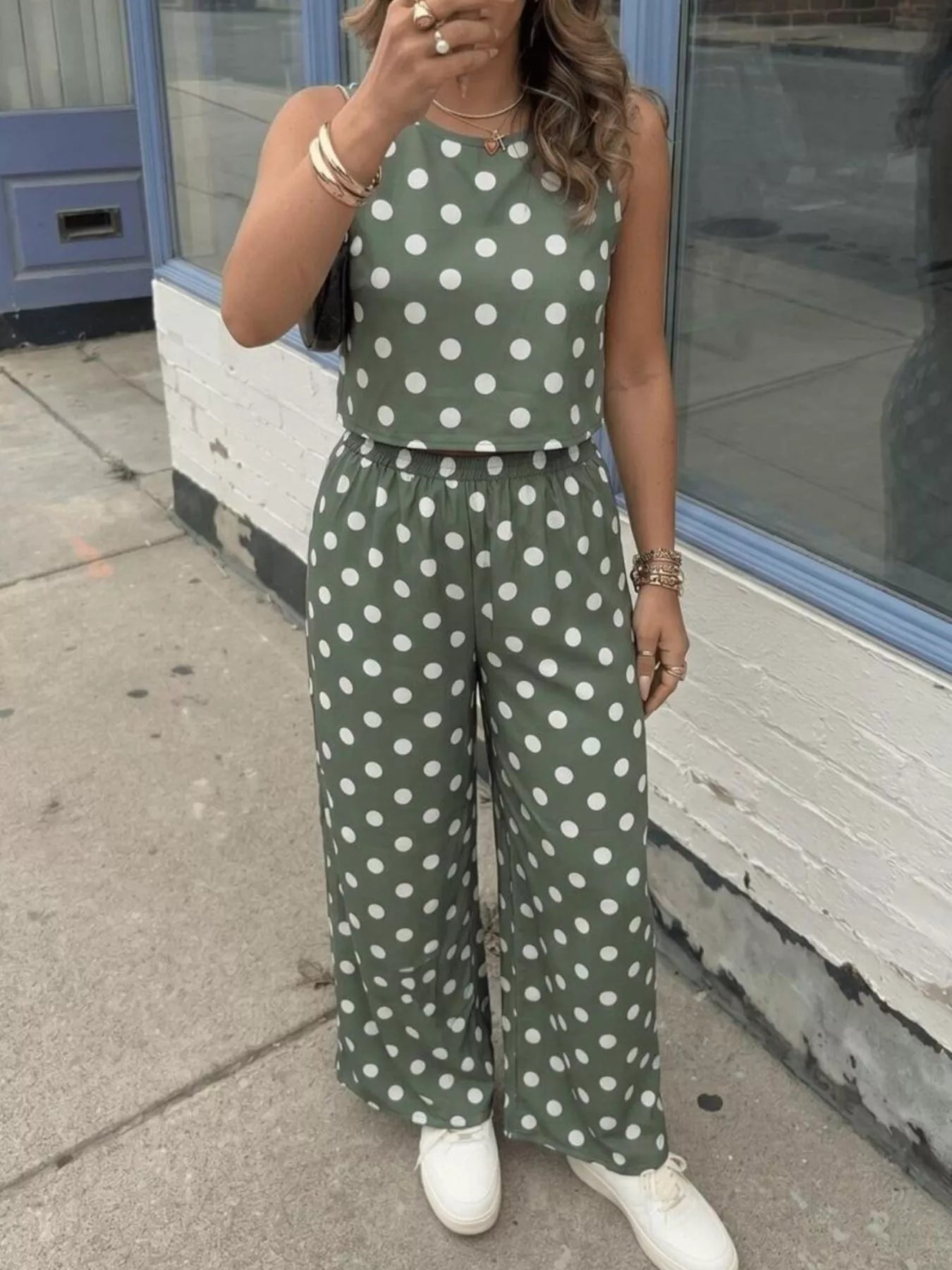Polka Dot Sleeveless Top and Wide Leg Pants Set