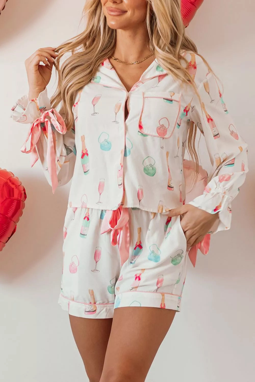 Bow Printed Collared Neck Top and Drawstring Shorts Lounge Set