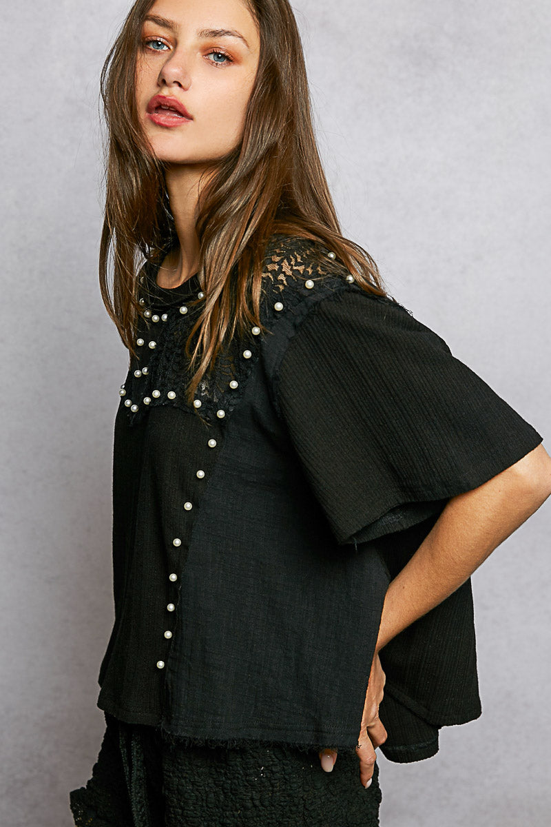 POL Lace Pearl Stud Round Neck Short Sleeve Shirt