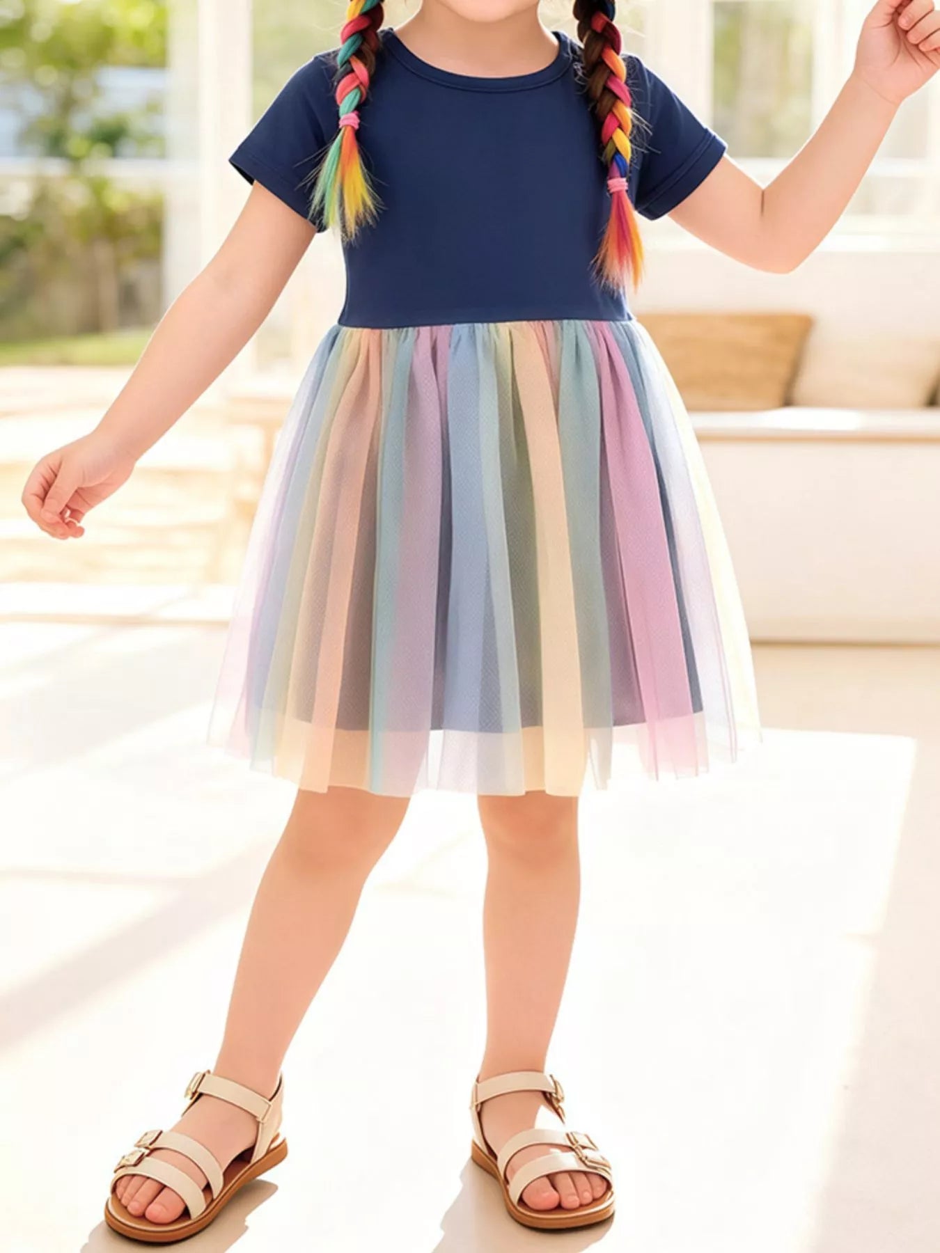 Children's Short Sleeve Rainbow Tulle Dress