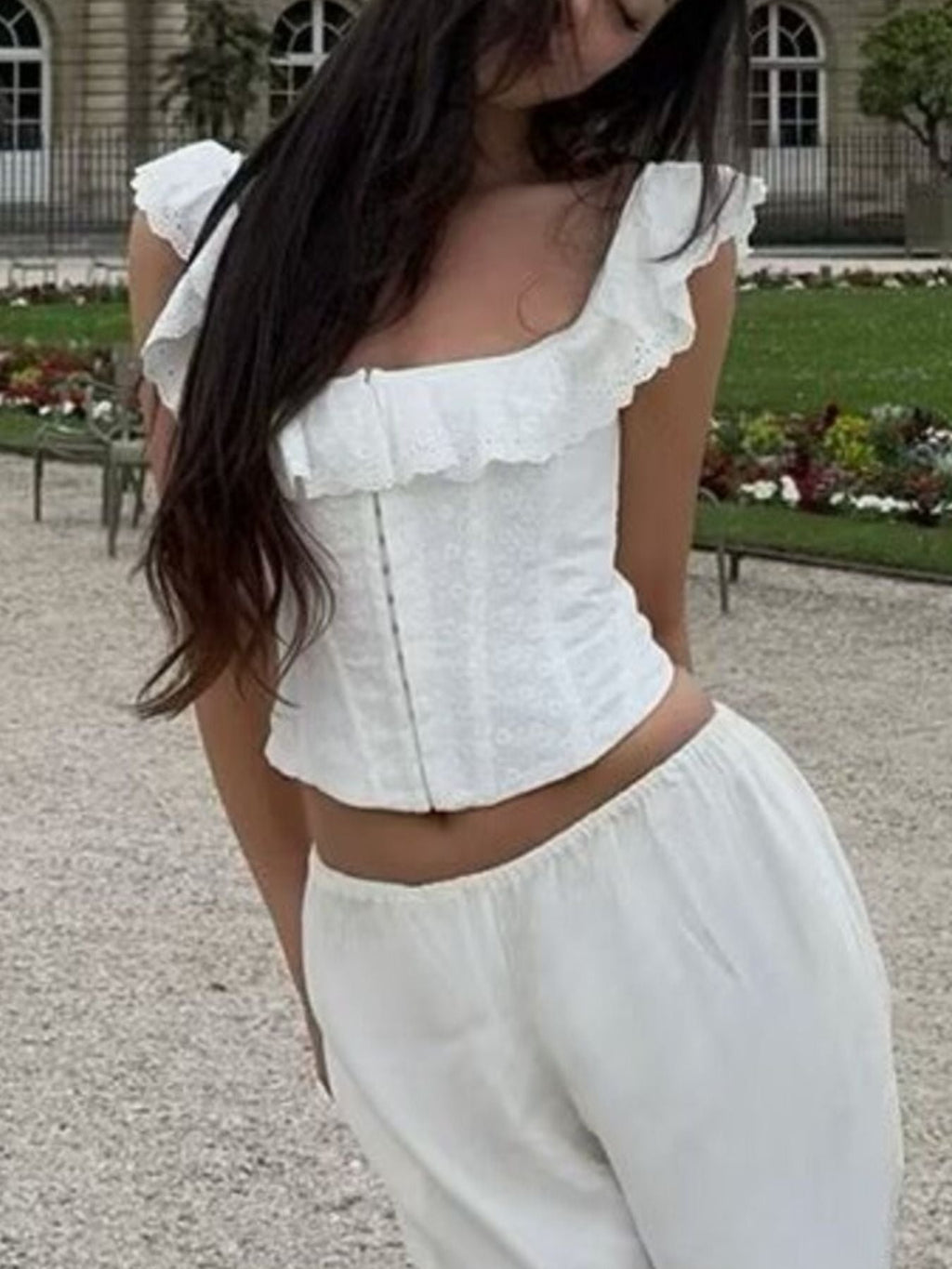 Lace Up Back Eyelet Ruffle Trim Tank