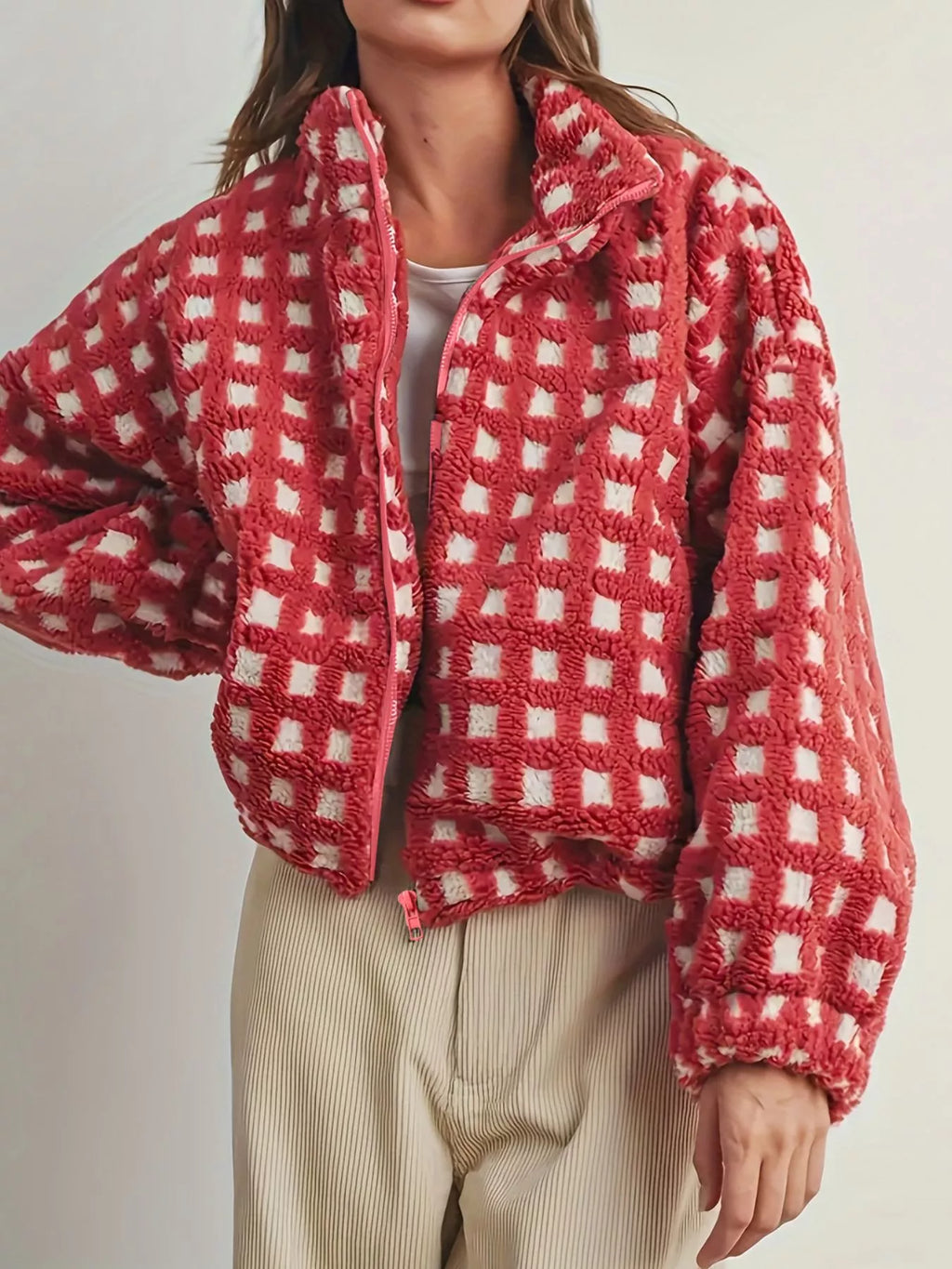 Plaid Zip Up Sherpa Jacket