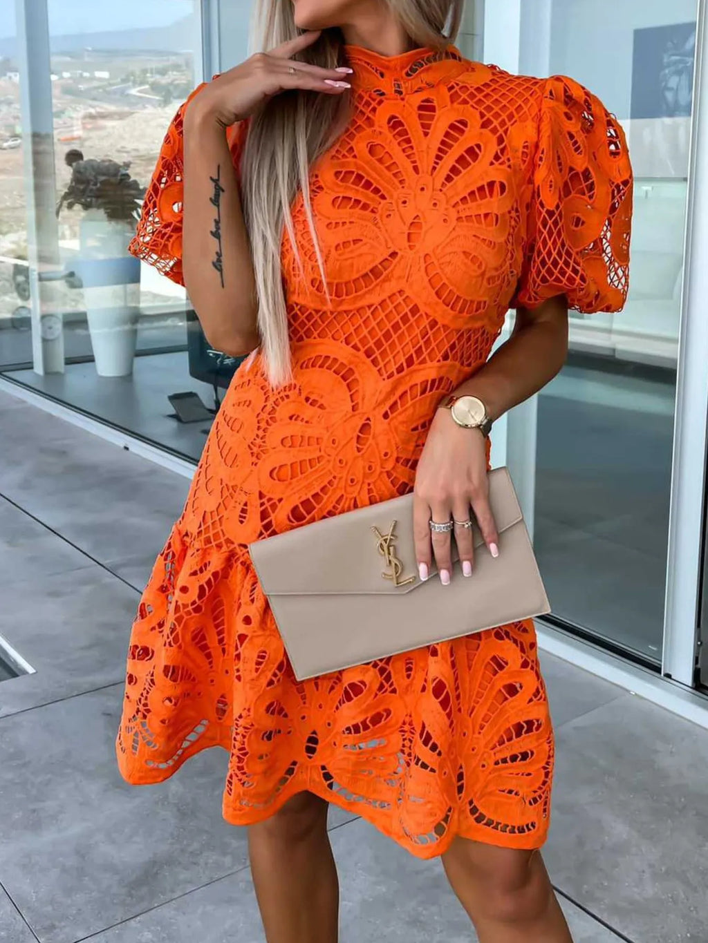 Lace Mock Neck Puff Sleeve Dress