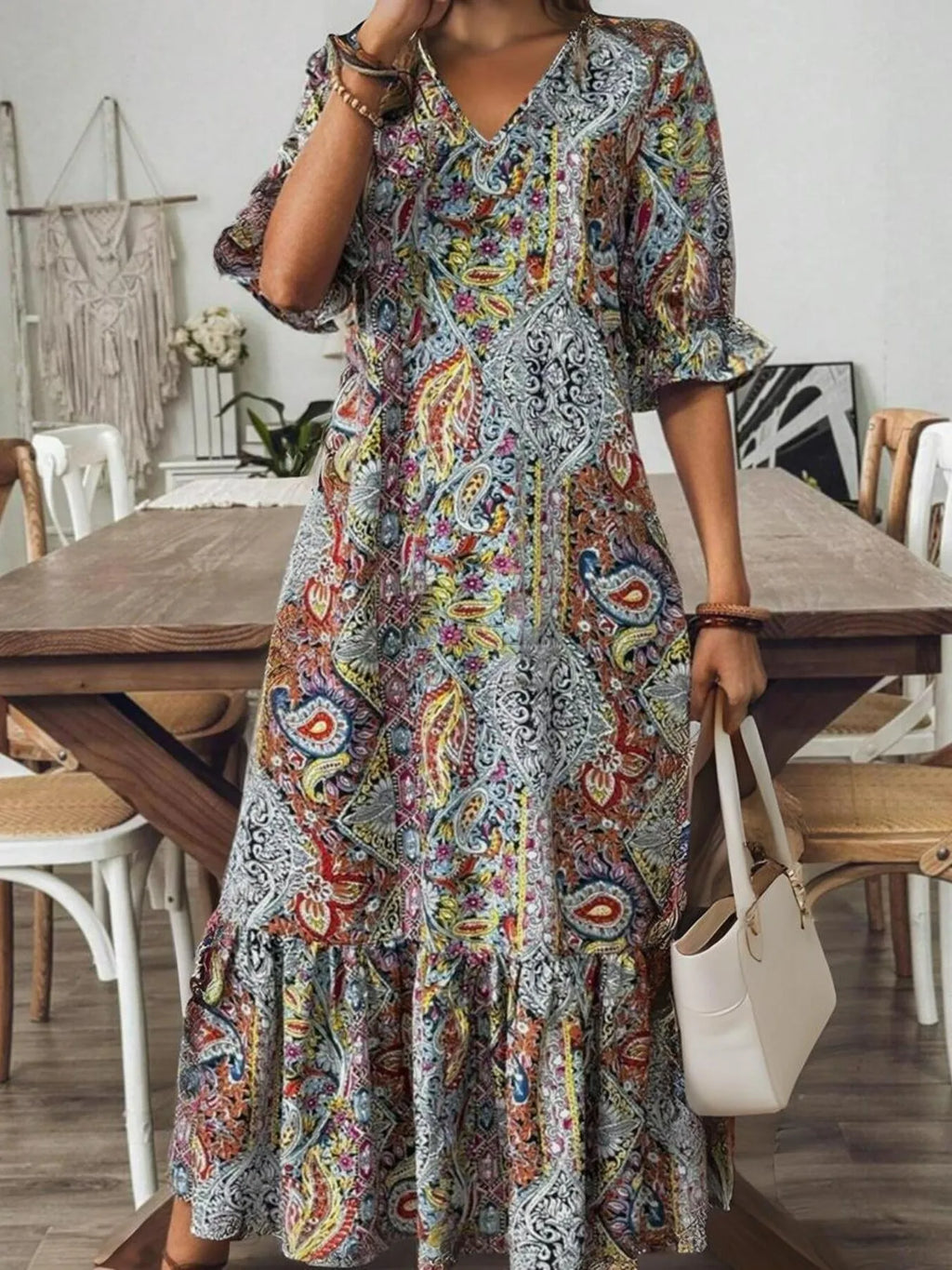 Full Size Bohemian Paisley Print V-Neck Midi Dress Plus Size