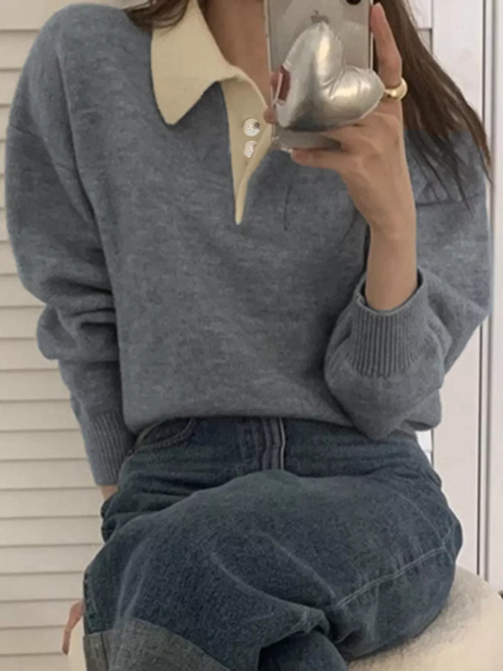 Polo Collar Dropped Shoulder Sweater