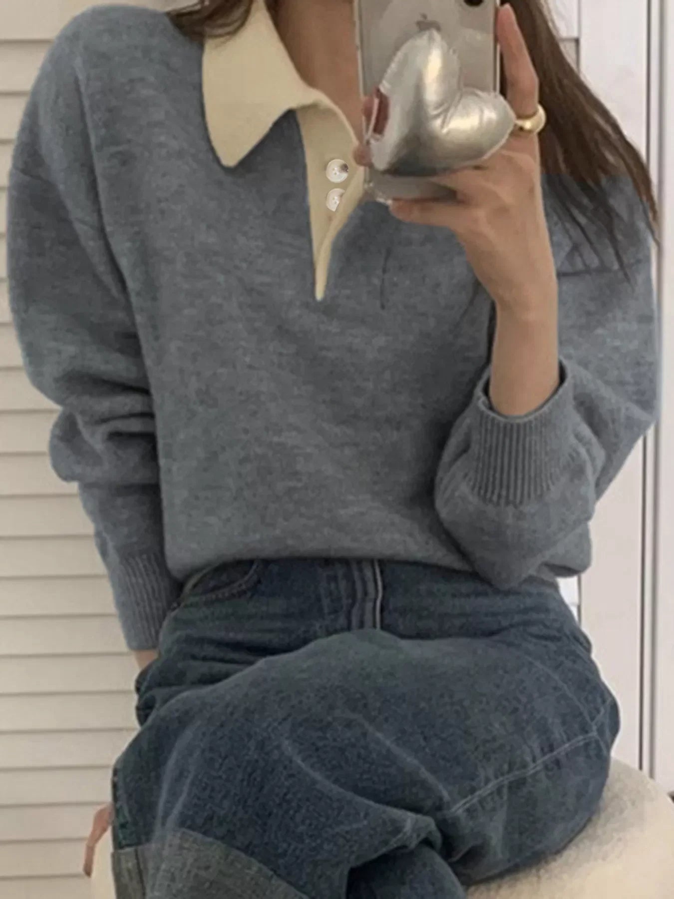 Polo Collar Dropped Shoulder Sweater