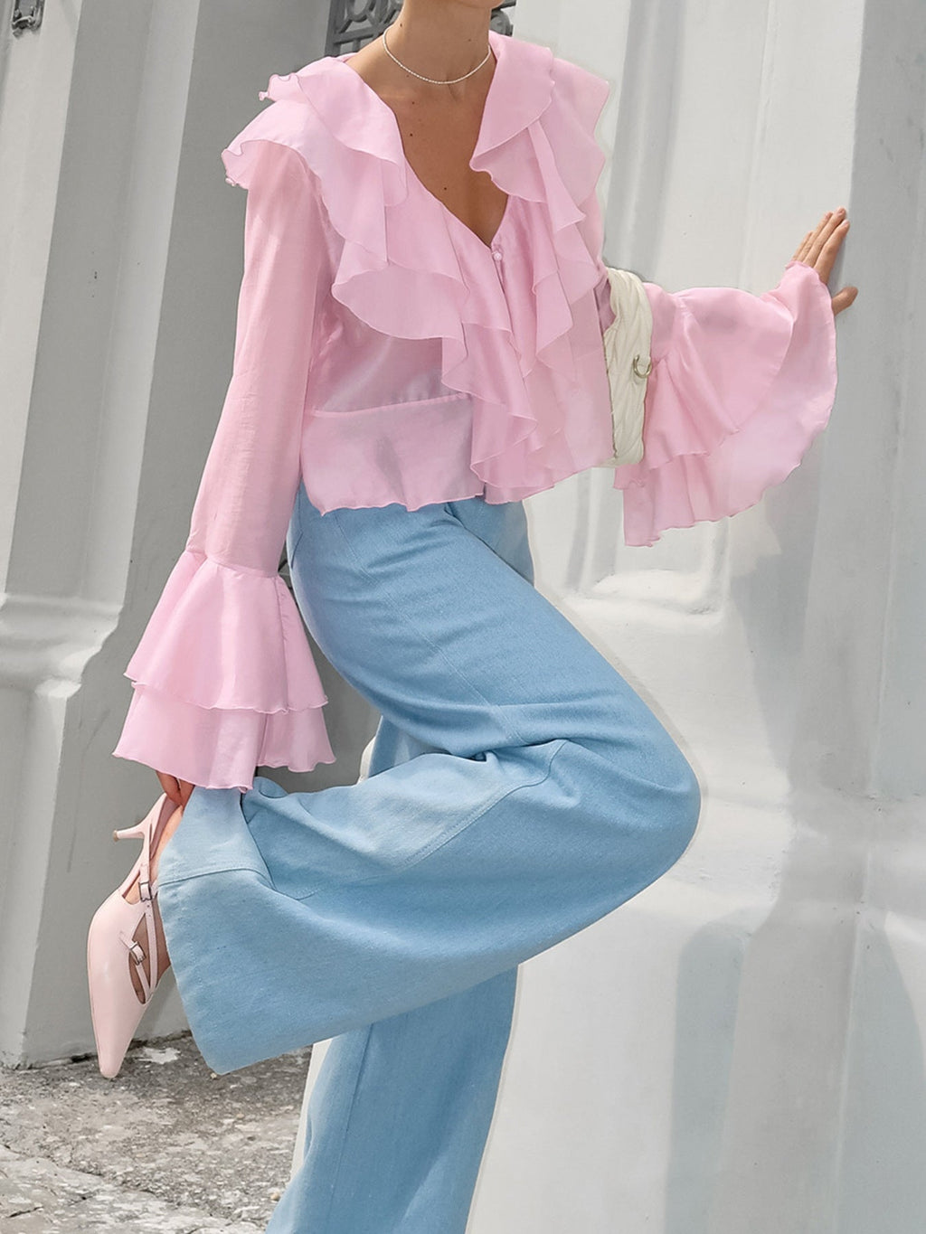 Ruffle Trimmed Long Sleeve Blouse