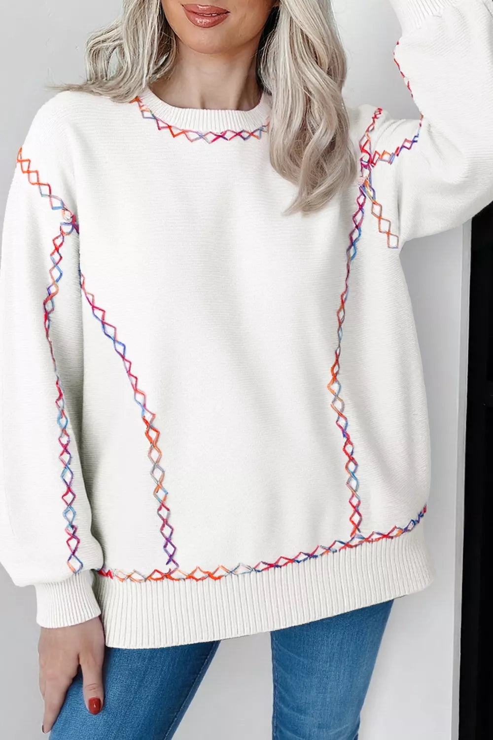 Rainbow Stitching Long Sleeve Relaxed Sweater