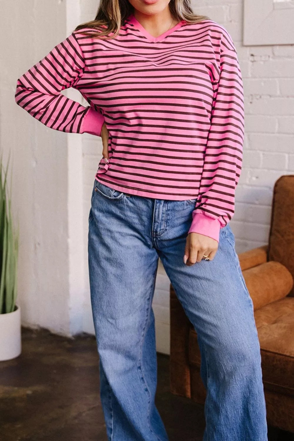 Stripe V Neck Drop Shoulder Long Sleeve Top