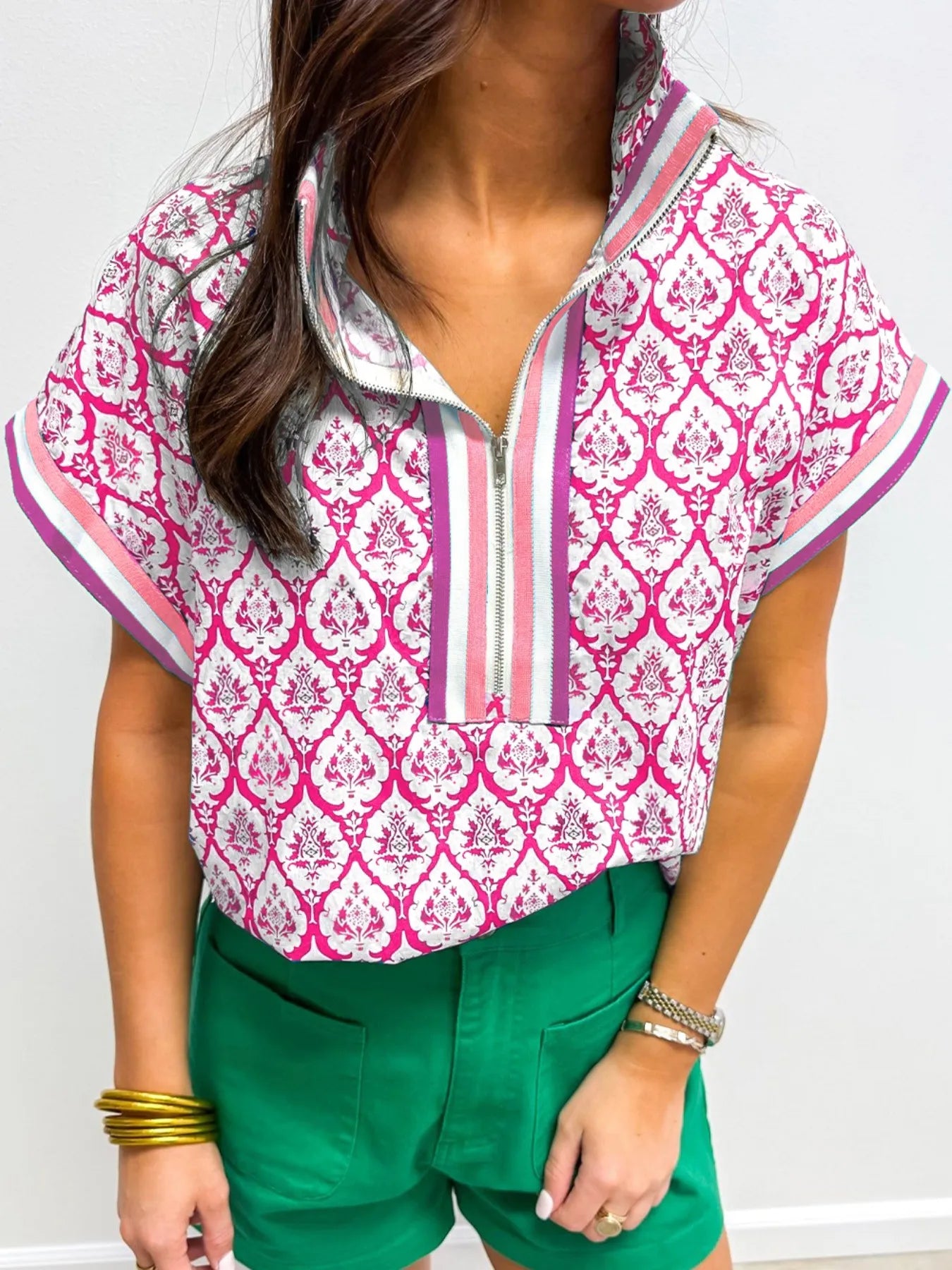 Printed Half Zip Short Sleeve Blouse