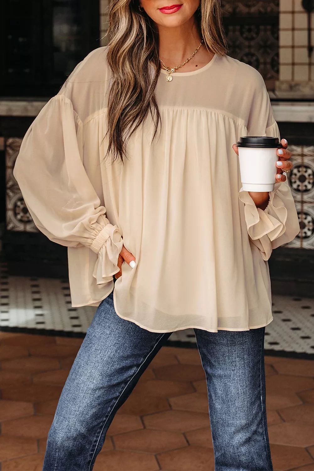 Round Neck Ruffle Sleeve Blouse