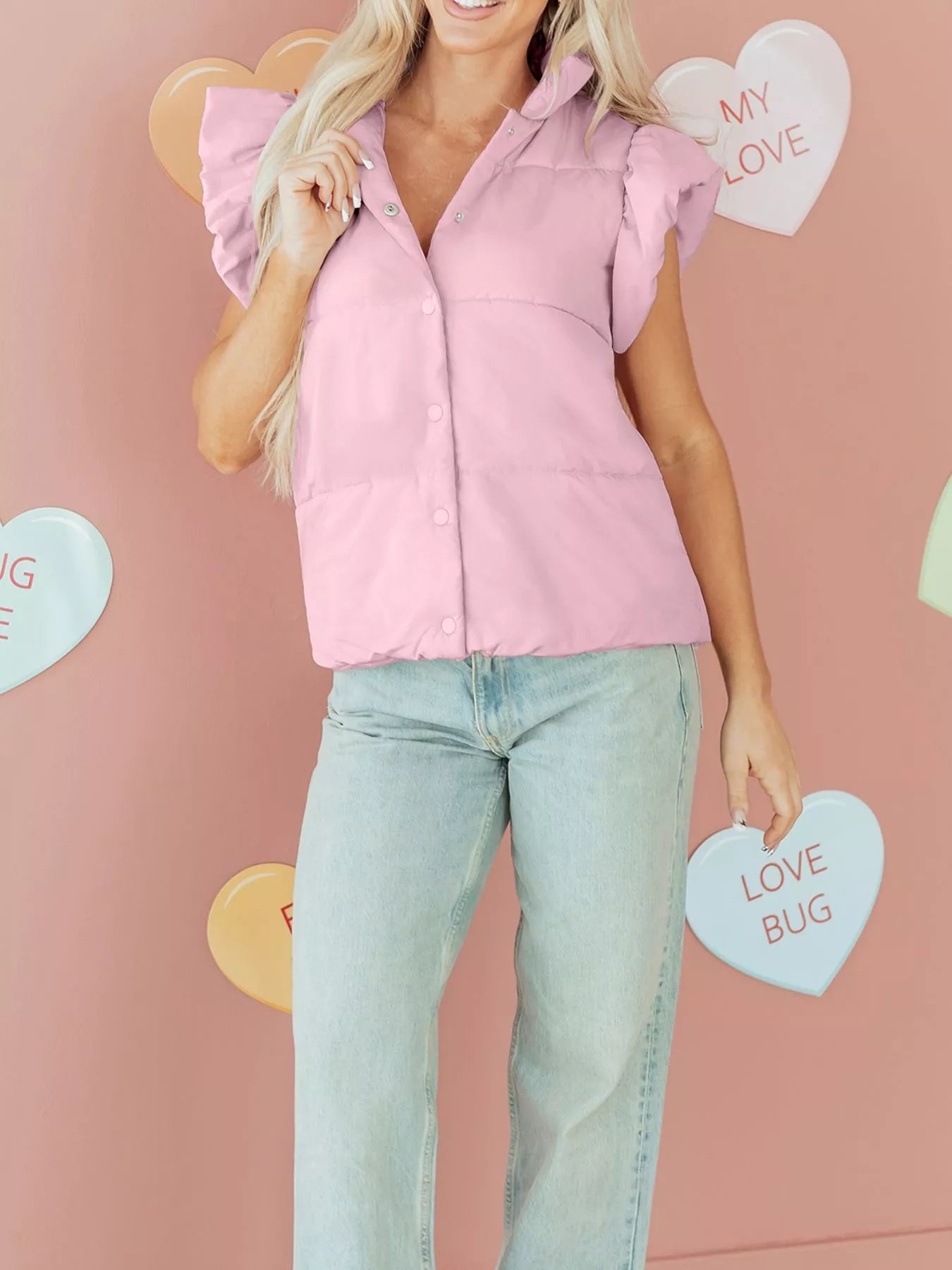 Stand Neck Flutter Sleeve Snap Button Puffer Vest
