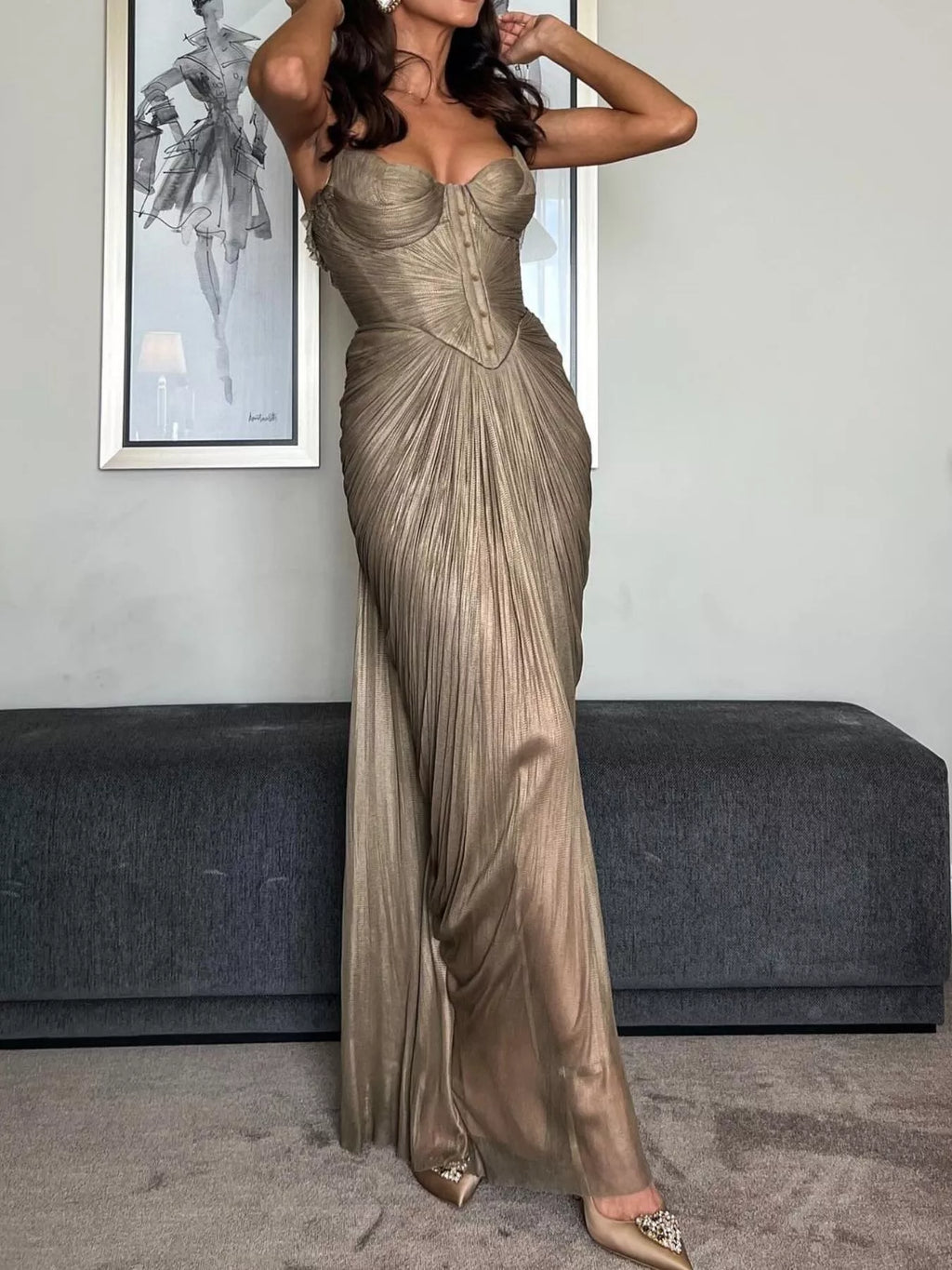 Metallic Pleated Corset Maxi Dress