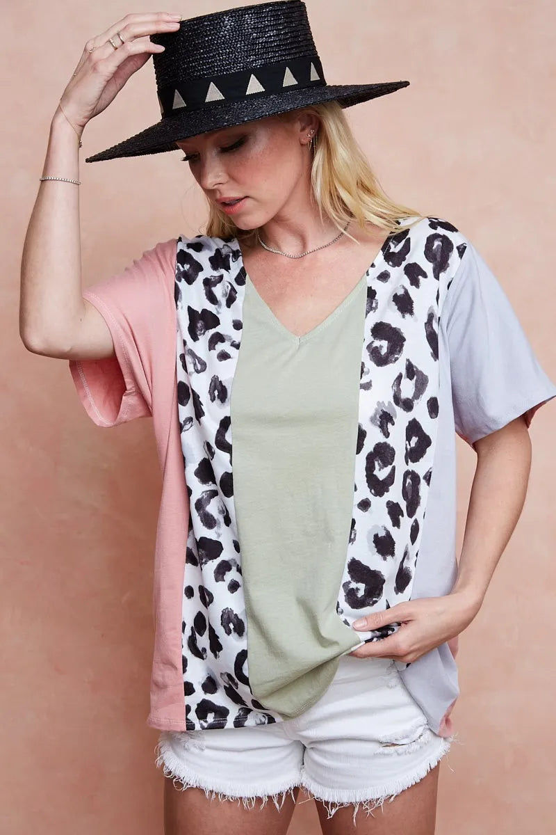 BiBi Cotton Span Knit With Leopard Color Block Top