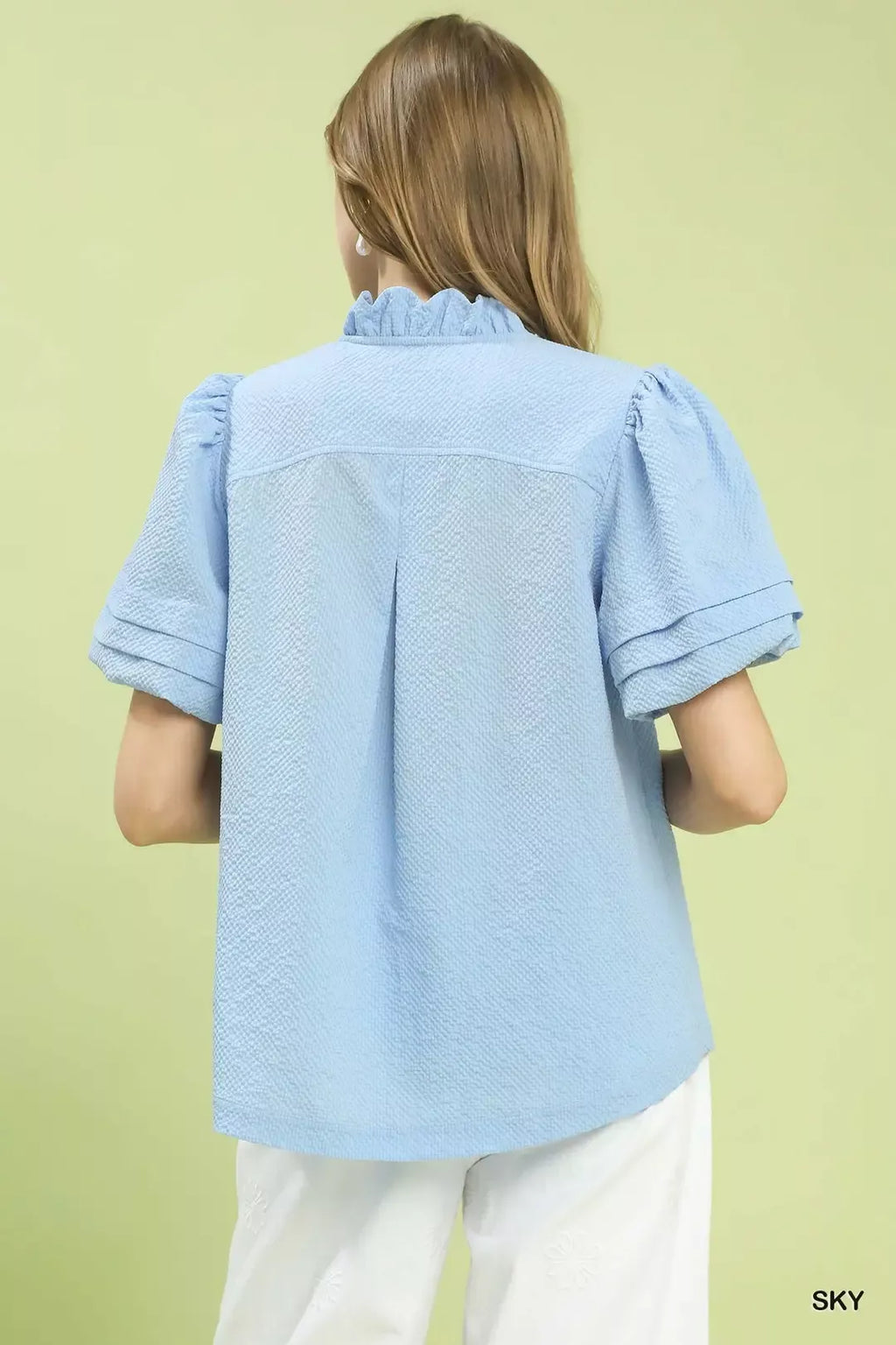 Umgee Textured Scallop Trim Puff Sleeve Blouse