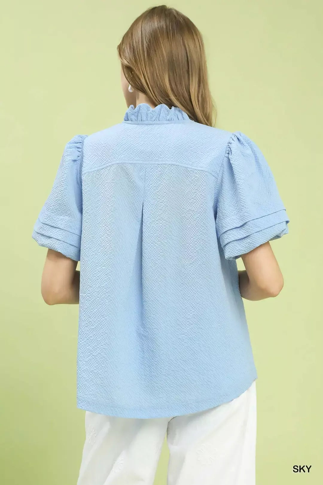 Umgee Textured Scallop Trim Puff Sleeve Blouse