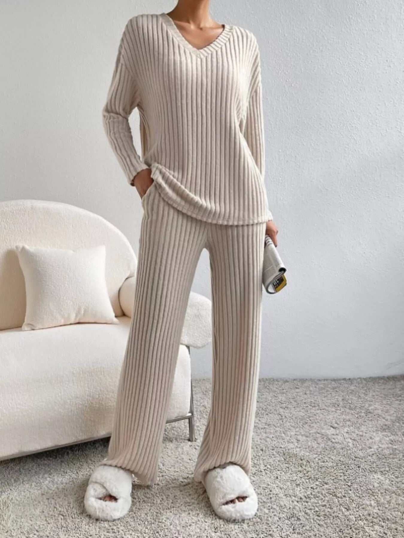 Ribbed Knit V-Neck Top and Pants Set