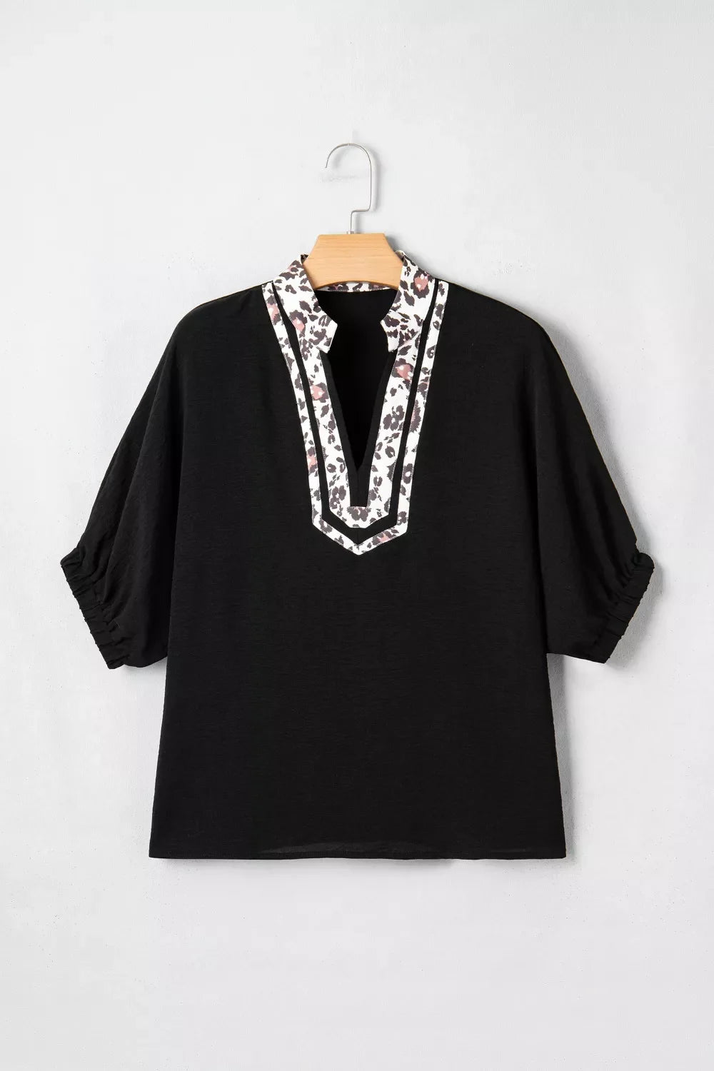 Leopard Accent Notched Neck Plus Size Short Sleeve Top