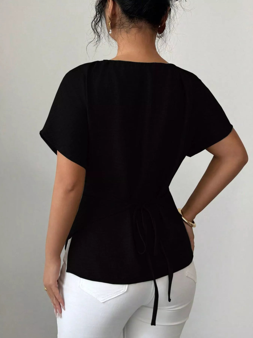 Beaded Neckline Short Sleeve Blouse