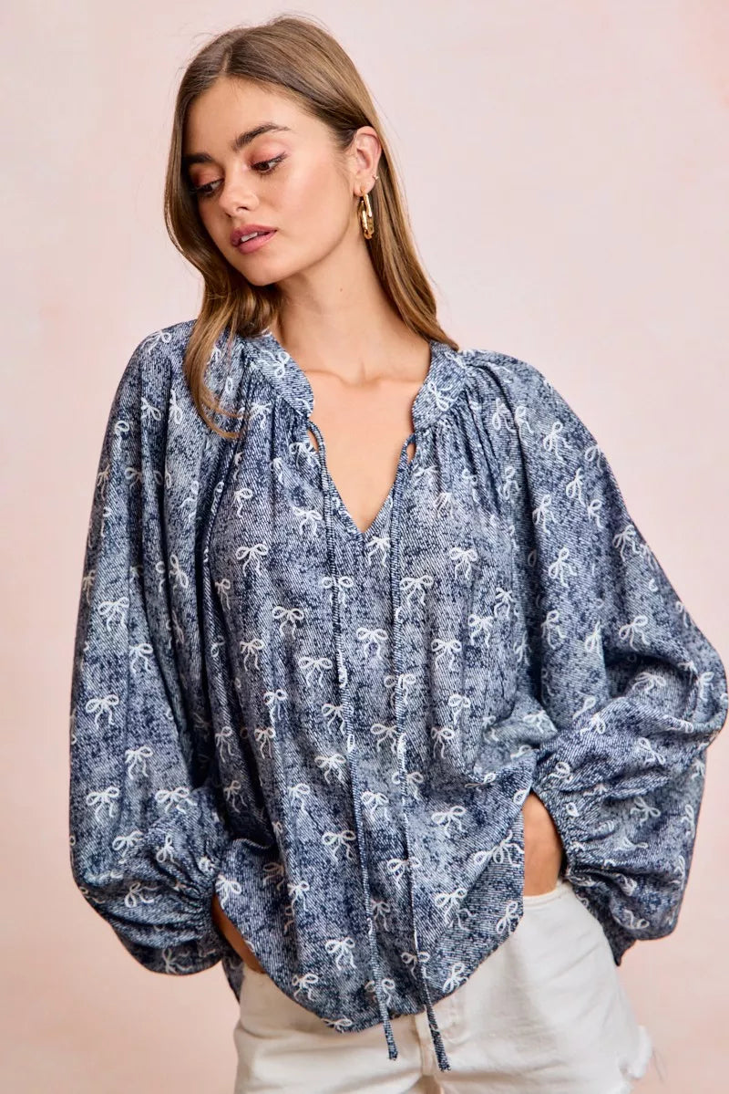 BiBi Ribbon Bow Print Exaggerated Balloon Sleeves Top