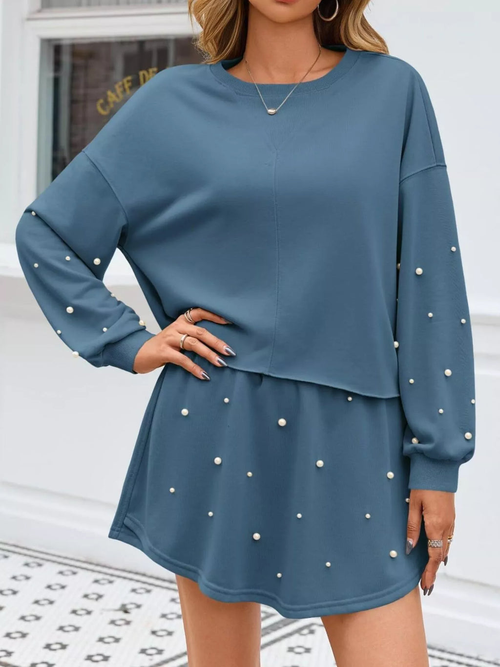 Pearl Embellished Round Neck Top and Skort Set