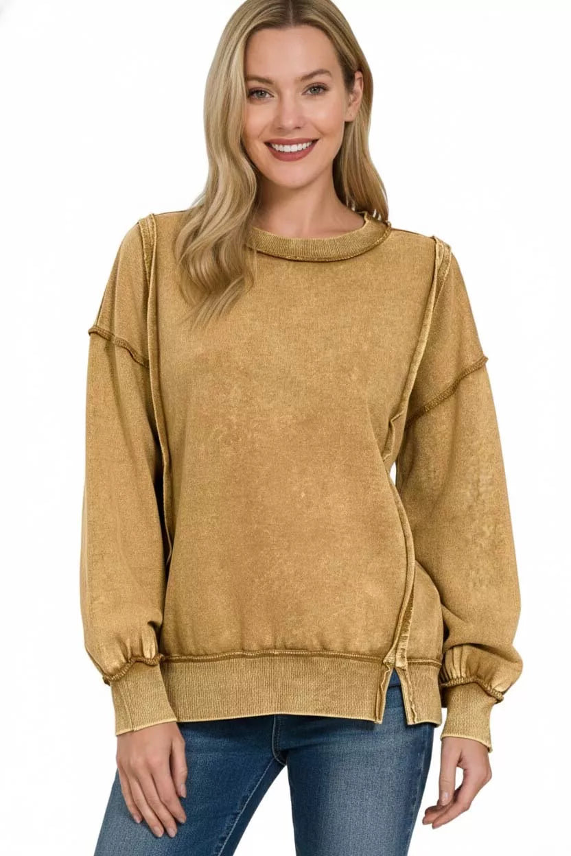 Zenana Acid Wash French Terry Exposed-Seam Sweatshirt