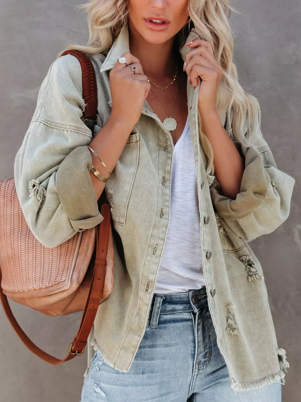 Raw Hem Button Up Denim Shacket