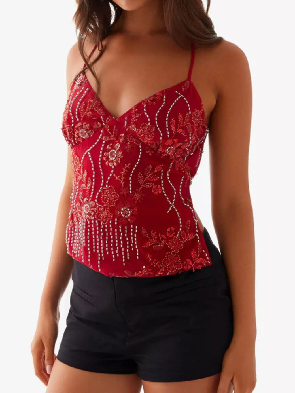 Floral Lace Up Back V-Neck Cami
