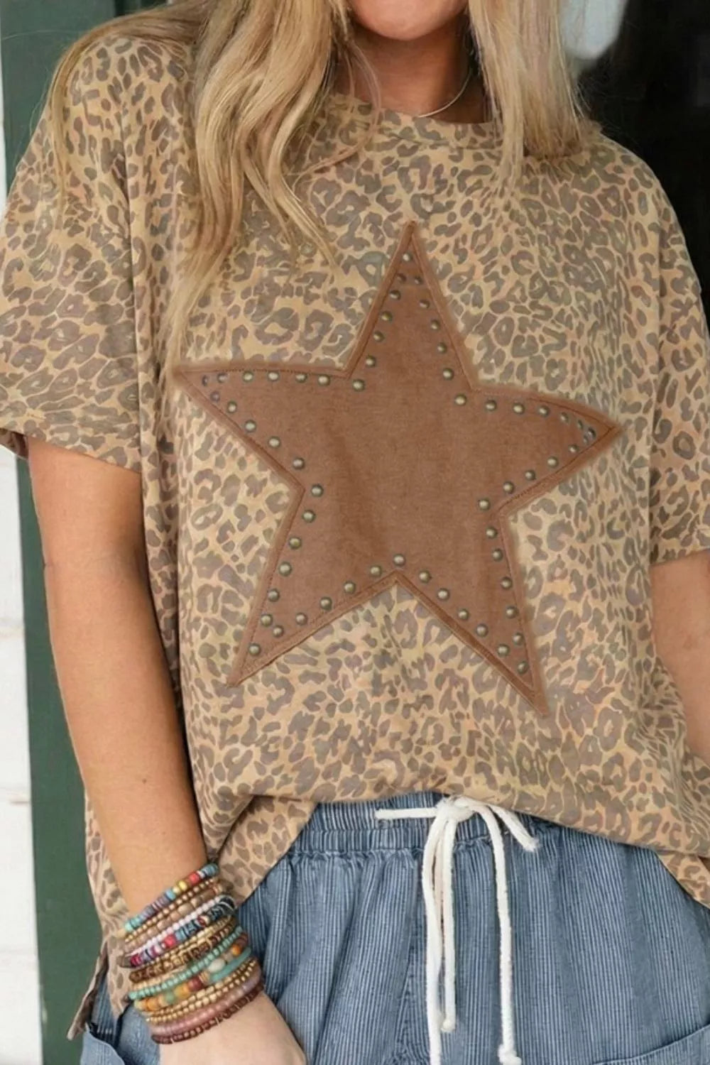 Leopard Print Star Studded Casual T-Shirt