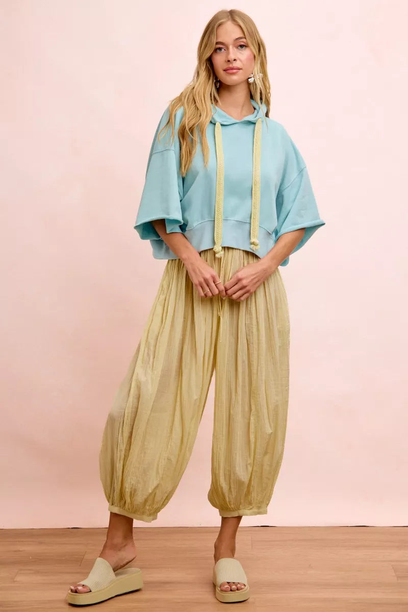 BiBi Washed Terry Short Sleeve Drawstring Hoodie Top