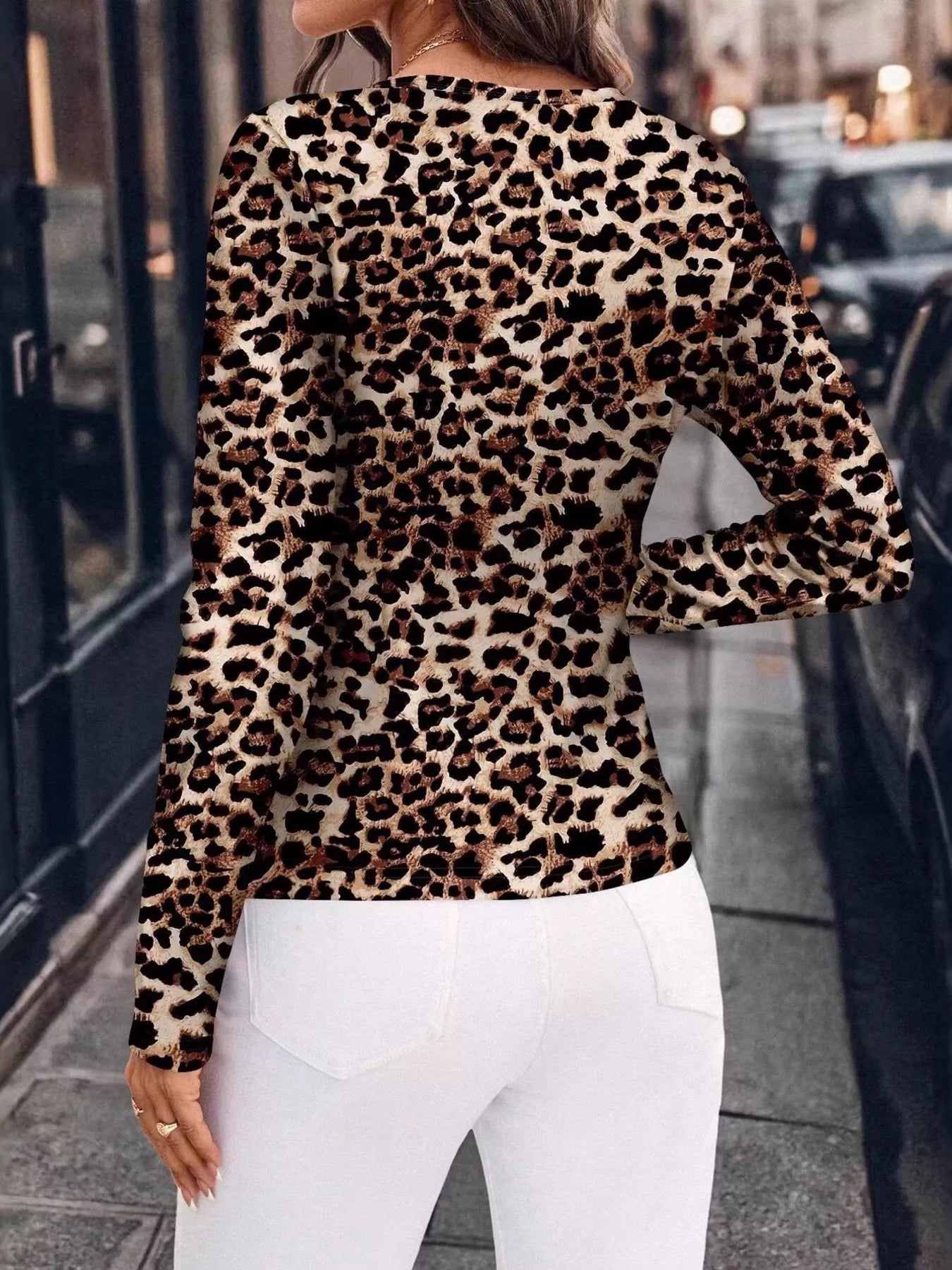 Leopard Print Long Sleeve Fitted Blouse