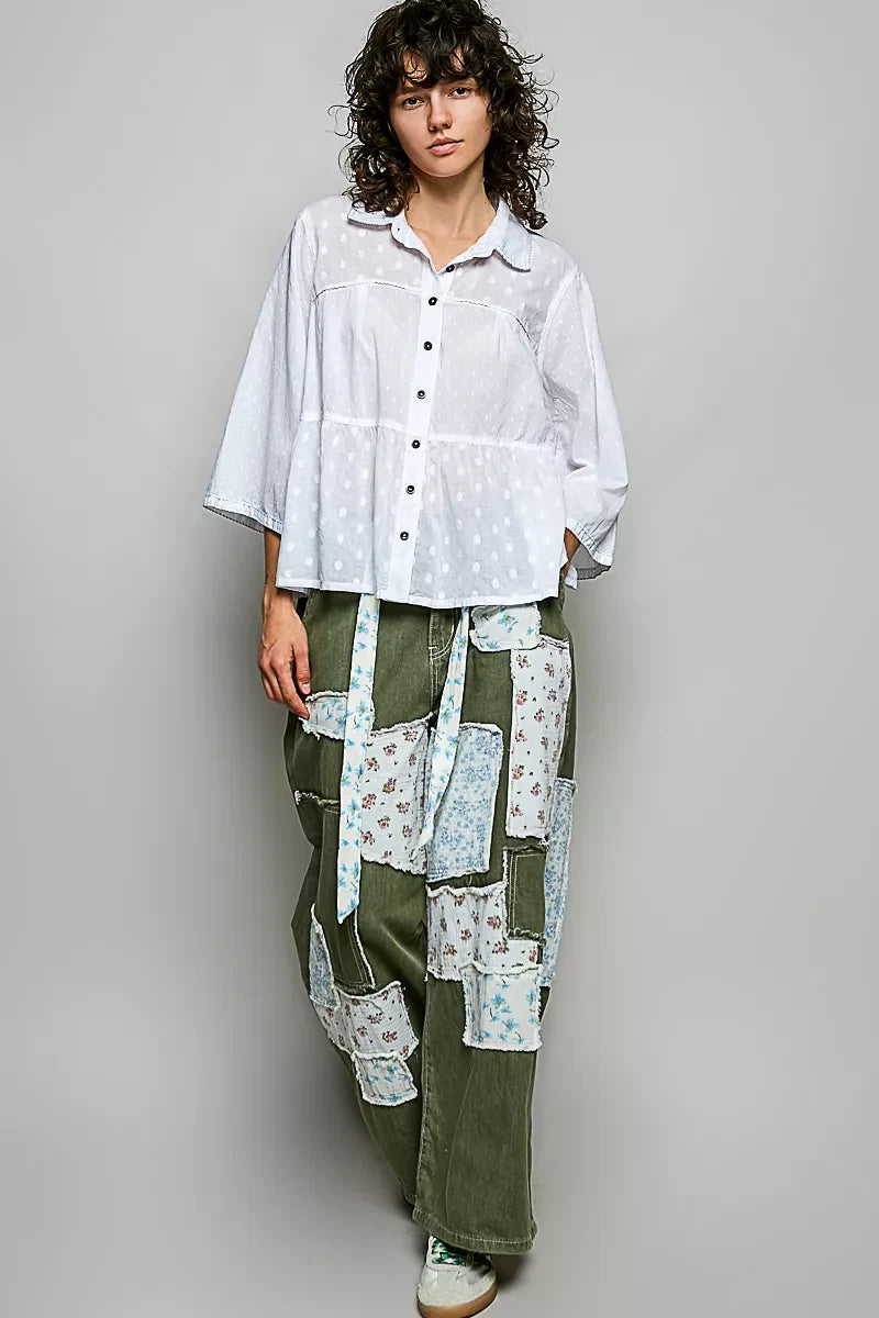 POL Tonal Dot Weave Textured Button Front Shirt