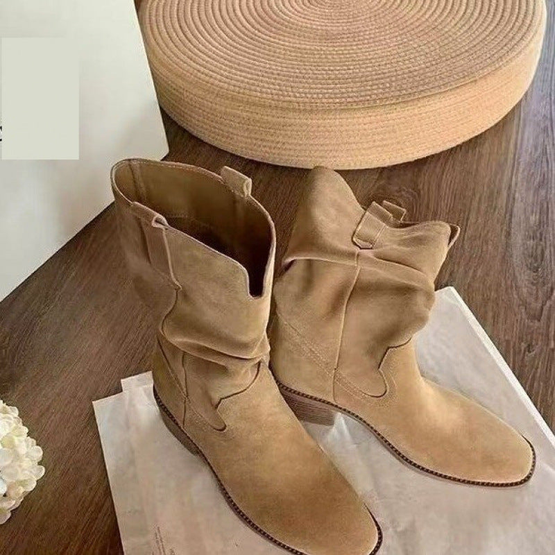 Autumn Western Pleated Short Cowhide Leather Boots for Women