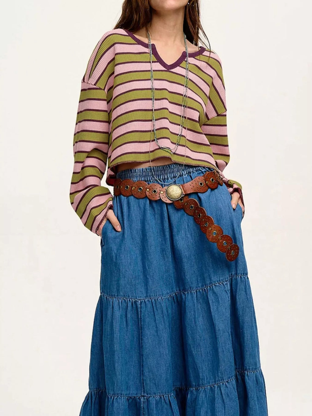 Stripes Waffle Texture Notched Neck Long Sleeve Top