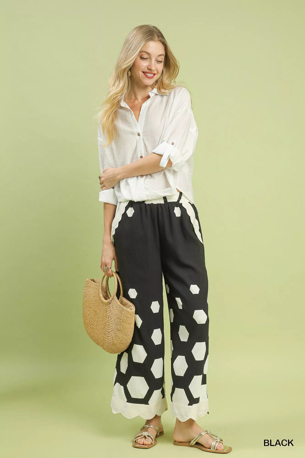 Umgee Hexagon Print Wide Leg Pants with Scalloped Hem