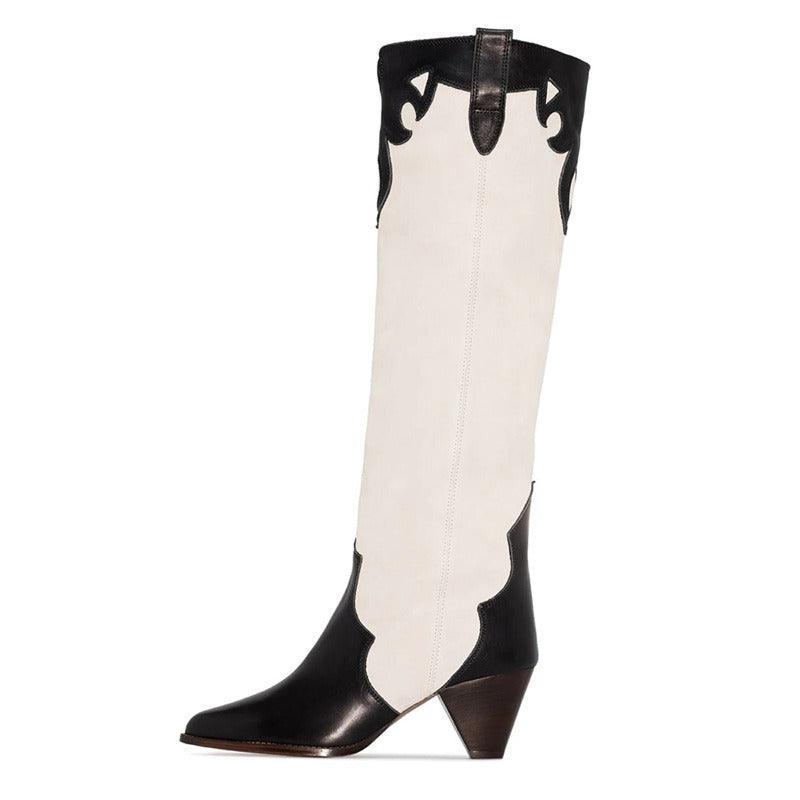 Retro Country Knee High Cowgirl Boots | Luxury Suede Embroidered Cowgirl Boots with High Heel