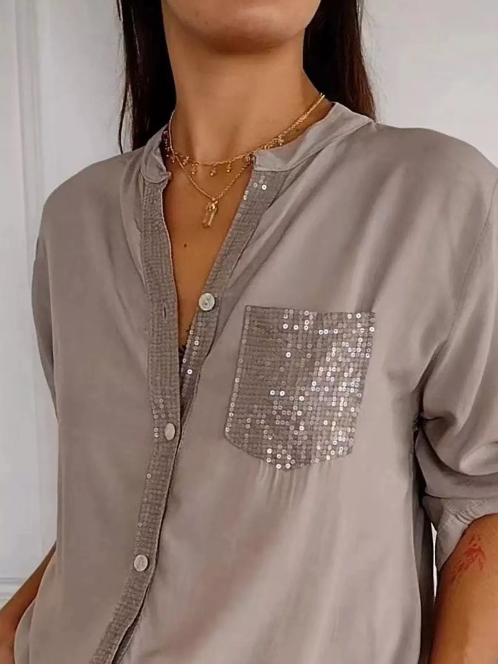 Full Size Sequin Detail Button-Down Shirt Plus Size