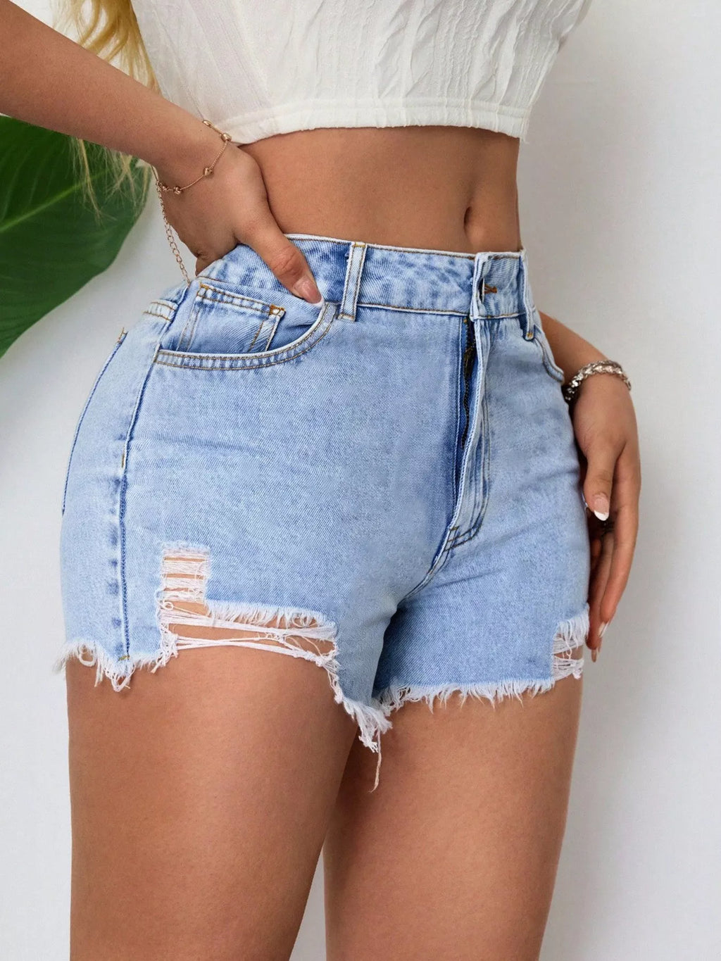 Distressed Raw Hem Denim Shorts