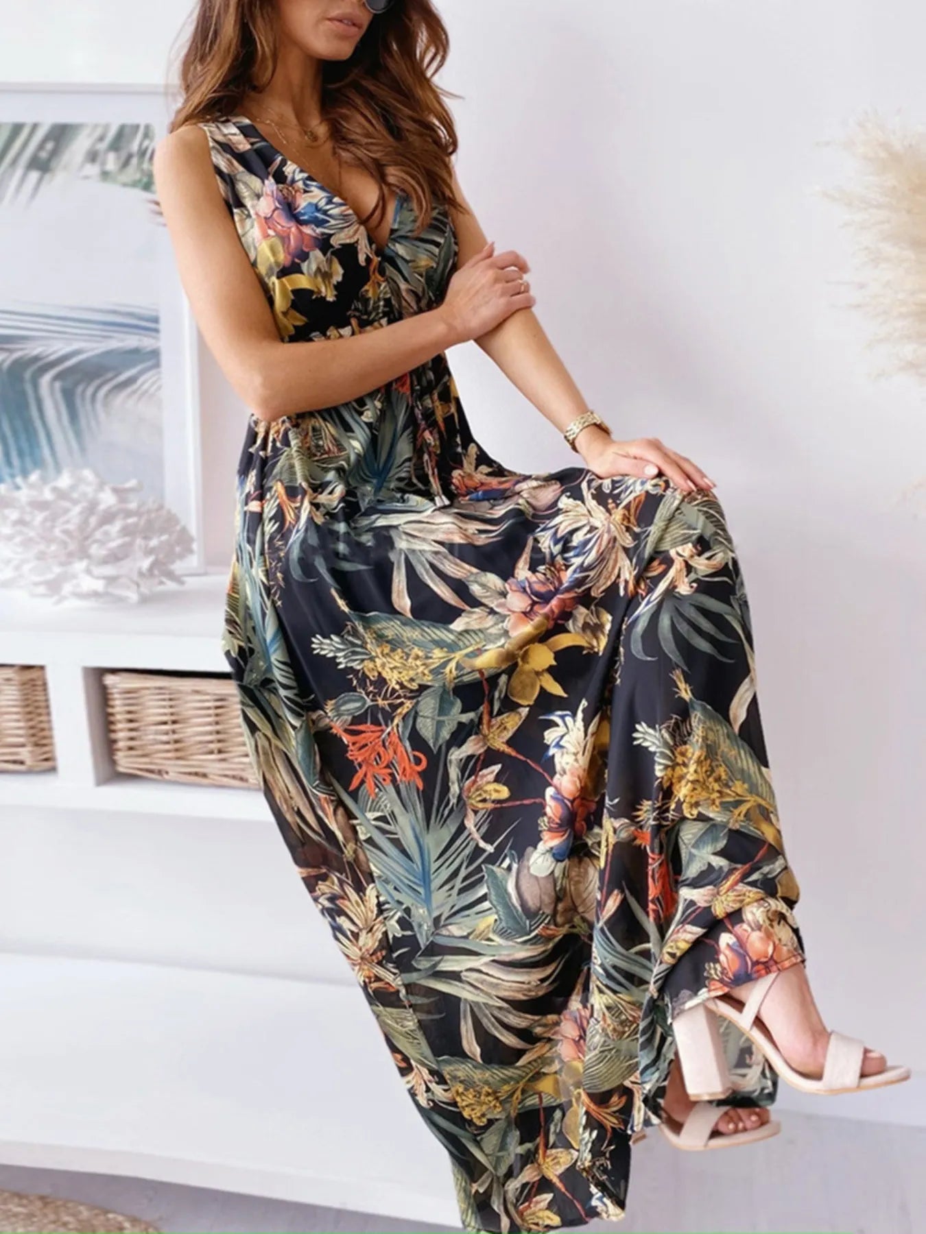 Leaf Print Sleeveless Maxi Dress