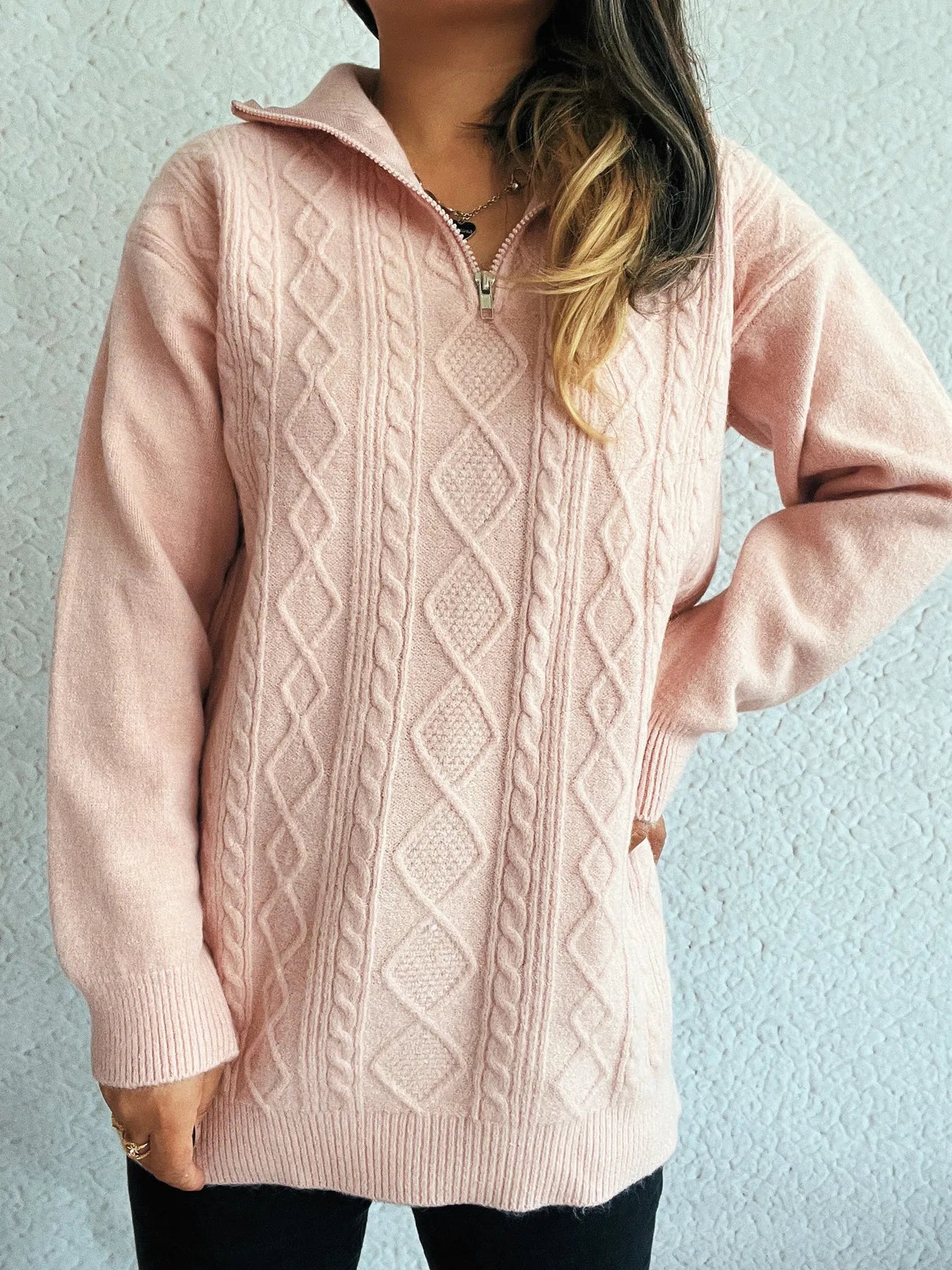 Texture Zip Collar Long Sleeve Sweater