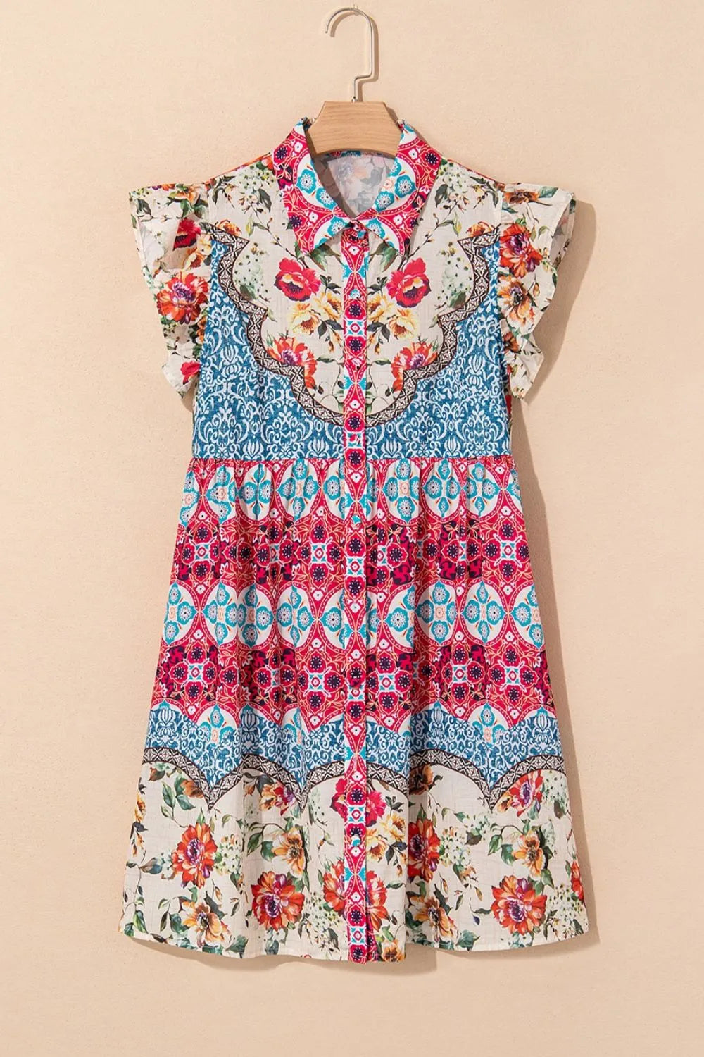 Floral Mixed Pattern Ruffle Flutter Sleeve Buttoned Dress