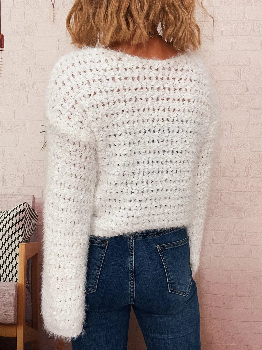 Crochet Round Neck Dropped Shoulder Sweater