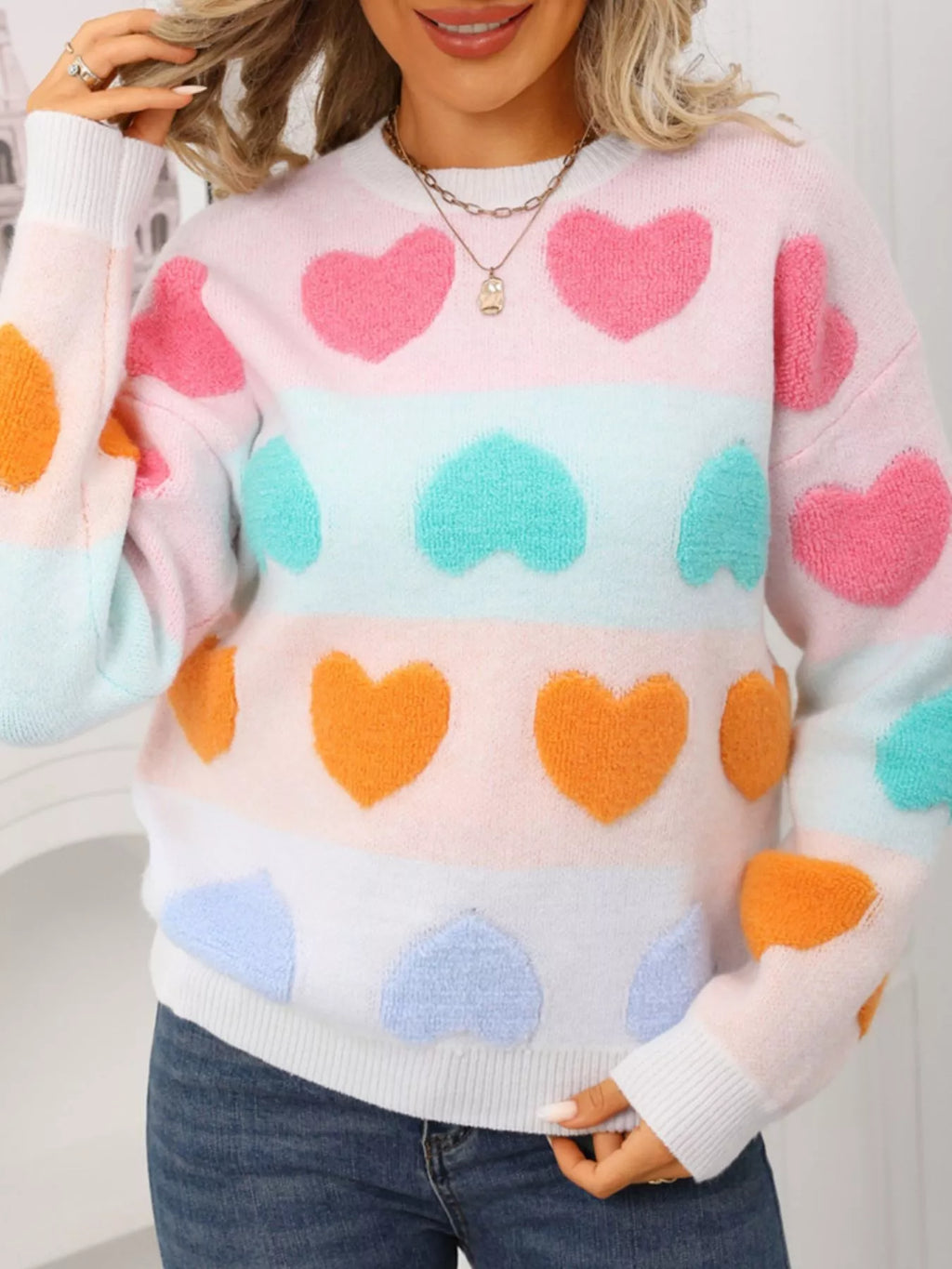 Valentine's Day Heart Pattern Fuzzy Knit Sweater