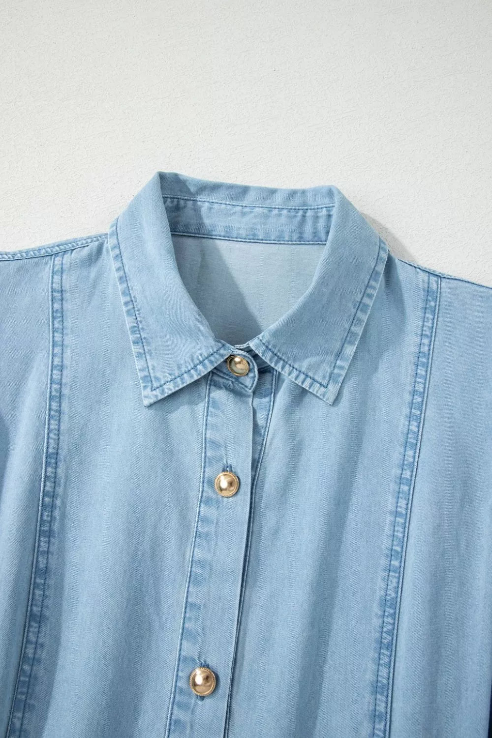 Full Buttons Collared Short Bubble Sleeve Long Denim Dress