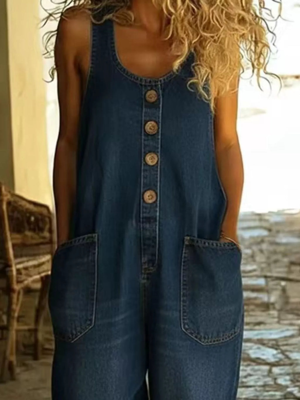 Full Size Button Detail Wide Strap Jumpsuit Plus Size