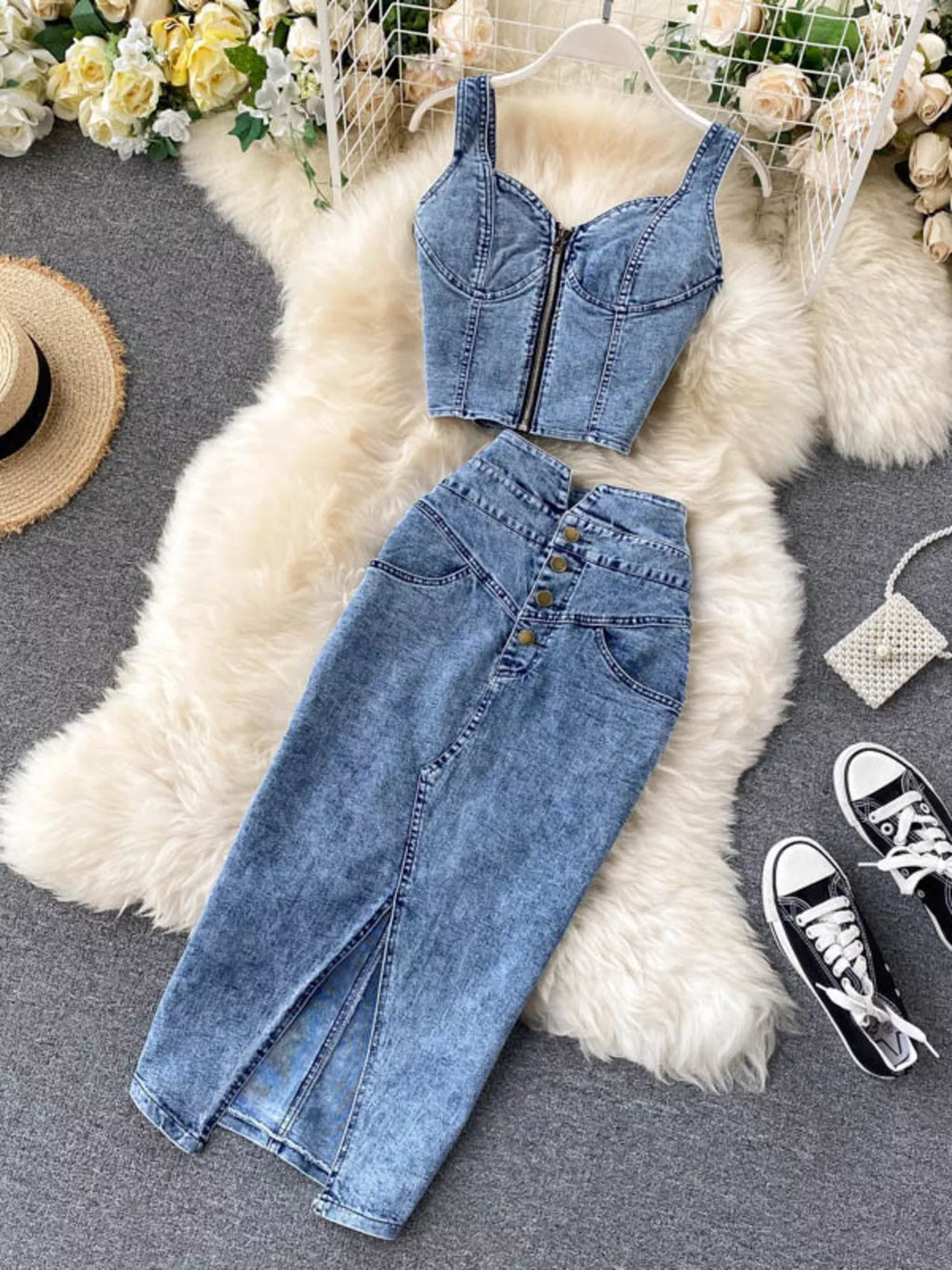 Zipper Top & Button Slit Skirt Denim Set