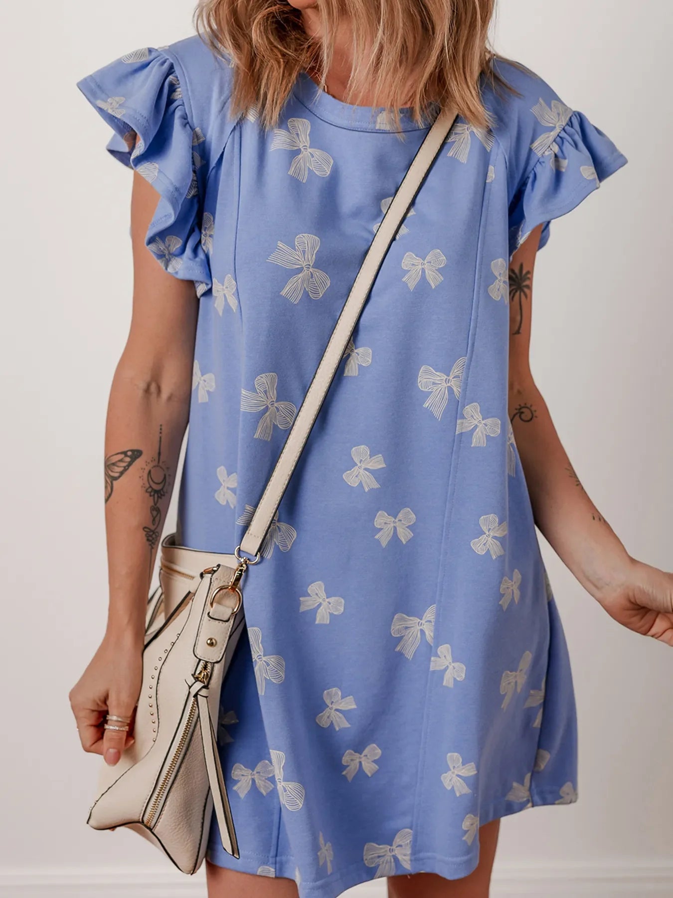 Bow Knot Print Crewneck Ruffled Sleeve Shift Mini Dress