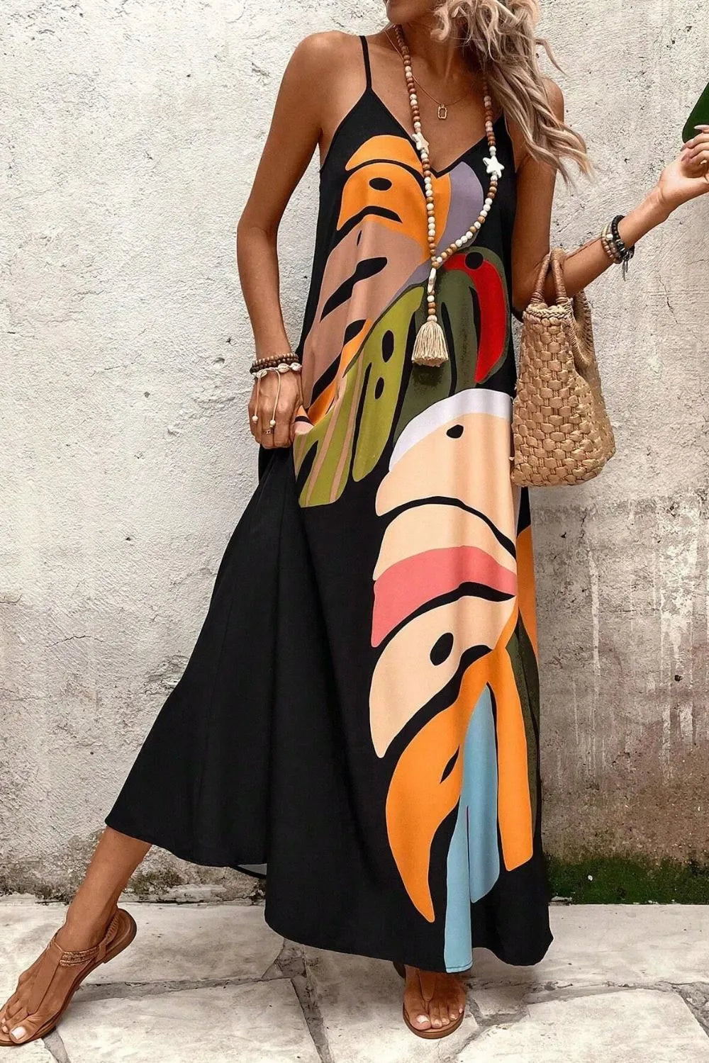 Tropical Leaf Print V-Neck Maxi Cami Dress