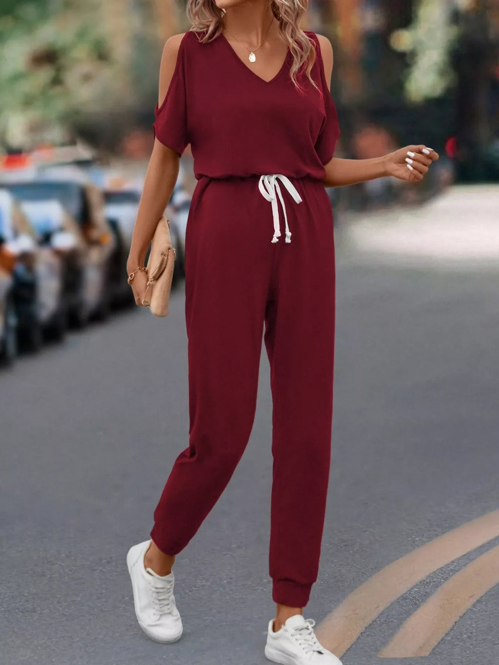 Cold Shoulder V-Neck Drawstring Waist Jumpsuit