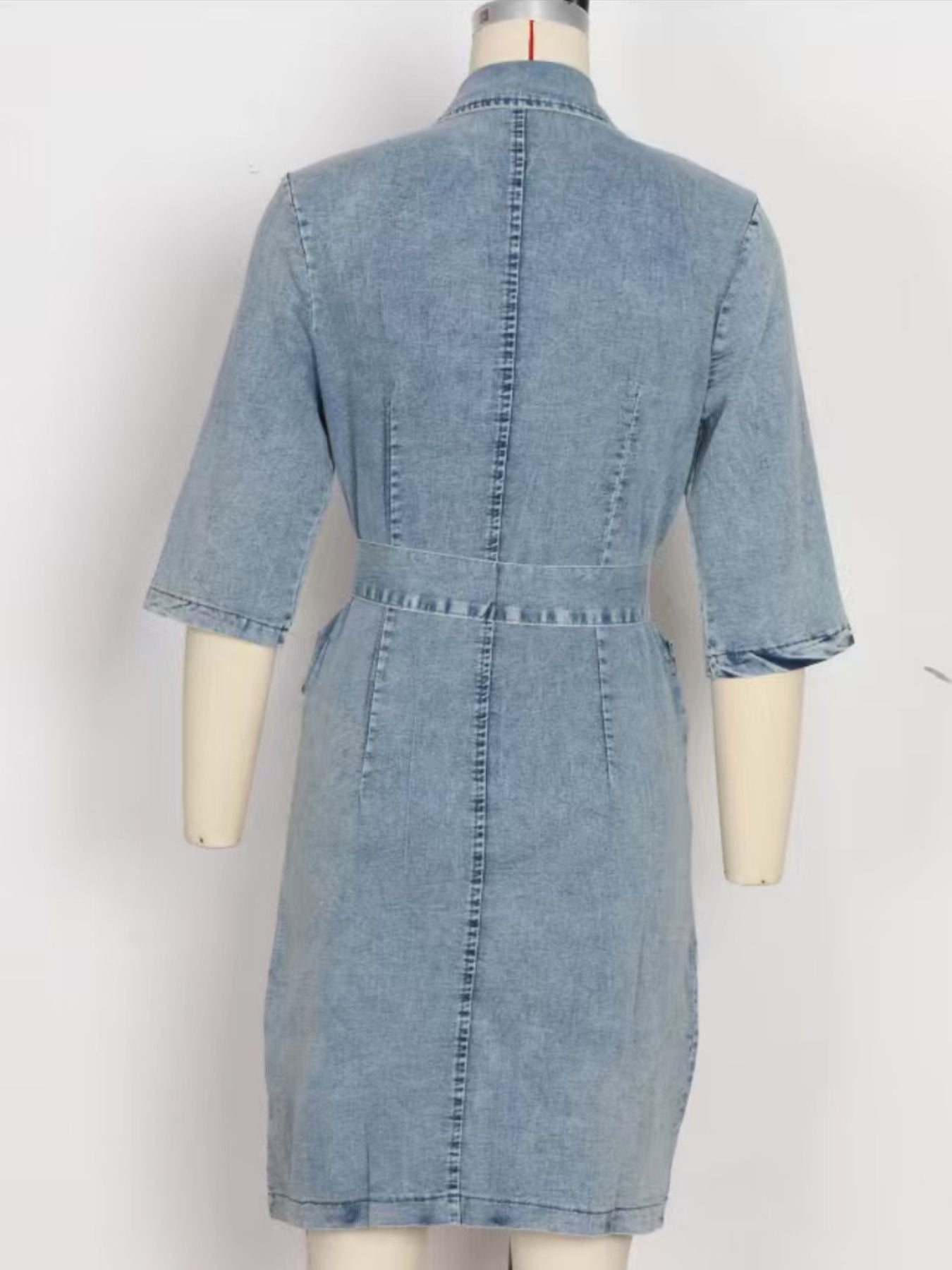 Zipper Front Short Sleeve Denim Dress
